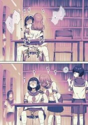 4girls ? absurdres ass ayanakitori chair closed_eyes female futa_with_female futanari glasses highres intersex library long_hair monochrome motion_lines multiple_girls neckerchief open_mouth original penis school_uniform serafuku short_hair sitting skirt speech_bubble spoken_question_mark straddling sweat table translation_request upright_straddle