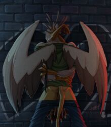 accipitriform against_surface against_wall anthro avian bird bodily_fluids cum cum_inside duo female genital_fluids gryphon hi_res male male/female mythological_avian mythological_creature mythology secretary_bird sex vistamage vistamage_(oc)