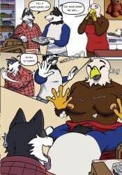absurd_res accipitrid accipitriform anthro avian big_breasts bird breasts canid canine canis clothed clothing comic daddy_kink dialogue digital_media_(artwork) domestic_dog duo eagle english_text family female fox group hi_res humor husky lgbt love male male/female male/male mammal mature_female nipples nordic_sled_dog romantic romantic_couple sagilmito sex simple_background slice_of_life spitz text
