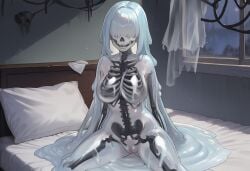 1girls ai_generated bones breasts female goo_creature hair_over_eyes horror horror_(theme) large_breasts looking_at_viewer monster_girl original original_character paigen pussy skeleton skull skull_face slime slime_girl undead white_hair