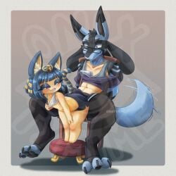 animal_crossing ankha_(animal_crossing) anthro bondage bondage bound bulge claws clothed clothing duo eyewear feet felid feline female generation_4_pokemon glasses grinding hi_res lucario male male/female mammal nintendo onixtymime partially_clothed pawpads pokemon pokemon_(species) sitting size_difference spread_toes tail tail_motion tailwag toes
