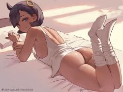 1girls ass bed black_hair book bottomless breasts emma_(pokemon) emma_(pokemon_legends:_z-a) feet feet_up female female_only footwear game_freak hair hair_ornament looking_back matiere_(pokemon) matiere_(pokemon_legends:_z-a) on_bed on_stomach pokemon pokemon_legends:_z-a purple_eyes short_hair smile socks solo solo_female tank_top tank_top_only thighs white_socks white_tank_top zefra_bleu