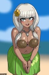 angie_yonaga aqua_eyes bare_shoulders beach bent_over big_breasts blush blush bracelet breasts clothed clouds coconut coconut_bra collarbone danganronpa danganronpa_v3 dark-skinned_female dark_skin female female_only flower_in_hair ghostec grass_skirt hands_together happy looking_back navel navel_piercing necklace open_mouth ponytails rosy_cheeks seashell seashell_necklace signature sky solo standing straight-cut_bangs straight_bangs teeth thick_thighs tongue twintails upper_teeth upper_teeth_only white_hair wide_hips yonaga_angie