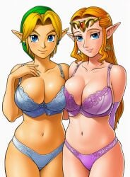 2girls ai_generated bikini blonde_hair breasts elf_ears female genderswap_(mtf) jewelry large_breasts link link_(ocarina_of_time) nintendo, princess_zelda purple_bikini rule_63 short_hair the_legend_of_zelda the_legend_of_zelda:_ocarina_of_time white_bikini zelda_(ocarina_of_time)
