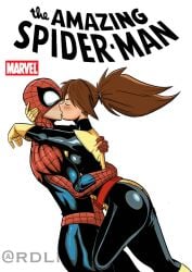 1girl1boy 1girls ass big_ass big_breasts blue bra brown_hair couple couple_(romantic) heroine horny_female kissing kitty_pryde large_breasts light-skinned_female marvel marvel_comics mutant nerd panties peter_parker red romantic romantic_couple sexy_ass sexy_body spider-man_(series) superheroine x-men