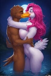 ai_generated avian big_breasts breasts brown_feathers brown_male duck hot_pink_hair hugging husband_and_wife kissing lake long_hair married married_couple moon naked night night_sky nude original original_character petunia_web pink_hair romantic_couple skinny_dipping steve_web swan white_feathers white_female