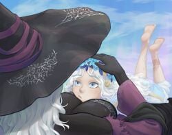 2d_(artwork) 2girls big_breasts blue_eyes breasts_focus cleavage dark-skinned_female doll elden_ring elden_ring_nightreign female_focus female_only fromsoftware head_between_breasts hugging milf older_female_and_younger_female patting_head recluse_(nightreign) revenant_(nightreign) white_hair white_hair_female white_skinned_female wholesome witch witch_hat