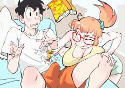 1boy 1girls blush cleavage colo duo duo_focus erection erection_under_clothes freckles fully_clothed glasses hand_on_leg kyler_(colo) laying_on_bed one_eye_closed original pajamas ponytail reading_book rita_(colo) shirt shorts skateboard surprised sweet_hex tank_top thighs tongue_out voluptuous voluptuous_female
