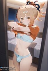 1boy 1femboy ai_generated blonde_hair boosty_username bra breasts bulge clothing female femboy genshin_impact girly hair_ornament kirill782 looking_at_viewer male orange_eyes panties penis solo stable_diffusion trap undressing watermark yoimiya_(genshin_impact)
