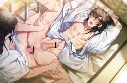 2boys alternate_costume anal arms_up ass balls bar_censor bare_pectorals bathrobe bite_mark black_hair blush bottomless bound bound_wrists brown_eyes brown_hair censored chinese_clothes collarbone cum cum_in_ass from_above hair_ribbon hands_on_another's_thighs hanfu hickey highres indoors jujeop lan_wangji leg_grab long_hair lying male male_focus missionary modao_zushi mosaic_censoring multiple_boys navel nipples on_back on_bed one_eye_closed open_clothes open_mouth open_robe pectorals penis ponytail red_ribbon ribbon robe saliva sex sidelocks sitting spread_legs sweat tears testicles wei_wuxian white_robe wince yaoi