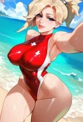 1girls 2d ai_generated beach blonde_hair day female female_focus female_only looking_at_viewer medium_breasts mercy one-piece_swimsuit outdoors overwatch ponytail red_swimsuit solo solo_female solo_focus swimsuit tagme