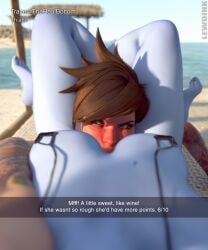 2girls 3d 3d_(artwork) asphyxiation beach between_legs blue-skinned_female blue_skin blush breasts brown_eyes brown_hair cunnilingus depth_of_field english_text female_pov femdom freckles full-face_blush head_between_thighs leg_lock leg_lock_cunnilingus lewdink looking_at_viewer medium_breasts mole mole_on_breasts multiple_girls overwatch overwatch_2 pov snapchat text tracer widowmaker yuri