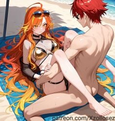 1boy 1girls ahoge ai_generated bikini fishnets genshin_impact glasses large_breasts long_hair mavuika_(genshin_impact) orange_hair patreon patreon_username thigh_strap xzollosez yellow_eyes