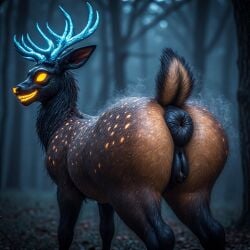 1feral ai_generated big_butt deer demon female female_only feral glowing_antlers glowing_eyes looking_at_viewer monster non-human presenting_hindquarters puffy_anus pussy smiling solo_feral tail wide_hips woods