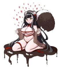 absurdres animal_ears areola_slip azur_lane black_hair blush breasts cleavage closed_mouth female flying_sweatdrops gjacky heart heart-shaped_pupils highres large_breasts multicolored_hair naganami_(azur_lane) naganami_(heartmelting_warmth)_(azur_lane) naked_ribbon navel official_alternate_costume panties red_panties red_ribbon ribbon skunk_ears skunk_girl skunk_tail smile solo stomach streaked_hair sweater symbol-shaped_pupils underwear white_hair white_streaks yellow_eyes