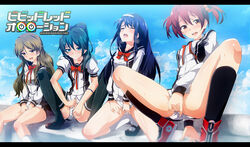 4girls black_legwear blue_hair blush brown_eyes brown_hair clothed_masturbation clothing fingering fingering_self futaba_aoi_(vividred_operation) green_eyes green_hair group_masturbation hair_ornament hairband hairclip heavy_breathing highres himawari_shinomiya isshiki_akane kneeling letterboxed long_hair masturbation multiple_girls panties_aside ponytail pussy pussy_juice red_hair ryouma_(galley) saegusa_wakaba school_uniform seifuku shinomiya_himawari shoes short_twintails sitting smile sneakers spread_legs squatting sweat thighhighs tied_hair twintails vividred_operation white_legwear