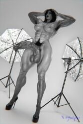 3d armpit_hair big_penis black_and_white closed_eyes fareeha_amari hairy hands_on_head high_heels high_heels_only muscular_futa navel_piercing nipple_piercing pharah photoshoot piercings posing pubic_hair septum_piercing veiny veiny_penis yeetiques