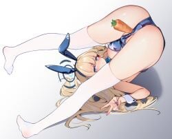 animal_ears blonde_hair blue_archive blue_eyes blue_hair blue_halo blue_leotard blue_nails breasts carrot chinese_commentary closed_mouth clothing_aside commentary_request fake_animal_ears female food food_insertion full_body halo highres large_breasts leotard leotard_aside long_hair multicolored_hair nail_polish no_shoes object_insertion official_alternate_costume painterliuhao playboy_bunny rabbit_ears solo strapless strapless_leotard streaked_hair thighhighs toki_(blue_archive) toki_(bunny)_(blue_archive) upside-down v vaginal_object_insertion vaginal_penetration white_thighhighs wrist_cuffs
