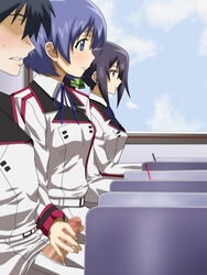 black_hair blue_eyes blue_hair blush breasts censored cloud clouds handjob highres infinite_stratos long_hair multiple_girls penis ponytail purple_hair school_uniform serious shinonono_houki short_hair sitting sky sweat tied_hair window writing