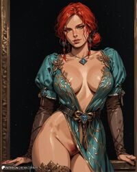 ai_generated breasts cd_projekt_red earrings female freckles green_dress light-skinned_female looking_at_viewer mascara necklace nipples pubic_hair pussy red_hair remicorner solo solo_female the_witcher_(series) the_witcher_3:_wild_hunt triss_merigold wide_hips