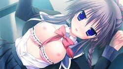 blue_eyes blush bra breasts female game_cg hatsuyuki_sakura kozakai_aya looking_at_viewer nipples open_clothes open_mouth open_shirt pointy_chin school_uniform tongue underwear