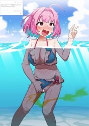 absurdres ahoge bikini blue_bikini blue_sky blush breasts censored clothing_aside cloud day female highres idolmaster idolmaster_cinderella_girls large_breasts multicolored_hair open_mouth outdoors patekuraa_(user_wgfh4424) peeing pink_hair pussy request_inset sky solo swimsuit two-tone_hair urine yumemi_riamu