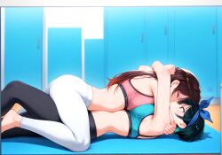 ai_generated bed bedroom catfight female grabbing huge_ass kanojo_okarishimasu leg_lock leglock mizuhara_chizuru sarashina_ruka sports_bra sports_pants sportswear wrestling yuric