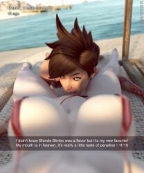 2girls 3d 3d_(artwork) beach big_breasts bikini_aside breasts brown_eyes brown_hair cunnilingus depth_of_field english_text female_pov freckles large_breasts lewdink looking_at_viewer mercy multiple_girls overwatch overwatch_2 pale-skinned_female pale_skin pov red_bikini shaved_pussy snapchat text tracer yuri