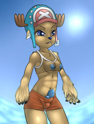 anthro antlers blue_nipples blue_nose breasts cervine clothes color day deer dickgirl fishnet fur furry furry_ears futa_only futanari hat headgear horns intersex intersex_only knot navel nipples nude one_piece open_eyes outdoors penis reindeer rule_63 sco0t shorts sky smile solo standing sun tan_fur tony_tony_chopper water