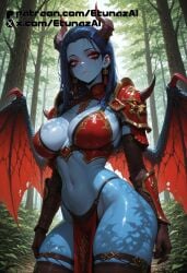 ai_generated blue_hair blue_skin dota_2 etunazai female horns large_breasts queen_of_pain red_eyes succubus wings