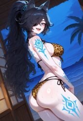 1girls ai_generated ass bikini black_hair blue_eyes breasts cat_ears female female_focus female_only huge_breasts kasli_the_bane leopard_print long_hair looking_at_viewer navel pale_skin ponytail smiling smiling_at_viewer tattoos