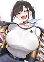1girls black_bra black_hair bra breasts choker collarbone ear_piercing female goddess_of_victory:_nikke half-closed_eyes huge_breasts jacket komado_riru kurorettsu looking_at_viewer miniskirt open_clothes open_jacket open_mouth piercing purple_eyes see-through_clothes see-through_shirt shirt simple_background skirt smile solo sora_(nikke) teeth tongue twintails underwear upper_body white_background white_shirt