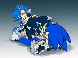 anal blowjob blush classic_sonic closed_eyes cum cum_in_ass cum_in_mouth ejaculation eye_contact fellatio knot lots_of_cum male male/male/male modern_sonic one_eye_closed oral pawpads penis pulling_tail sonic_the_hedgehog_(series) sonic_the_werehog spitroast starampharos sweat three_way threesome werehog