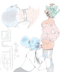 1futa 1girls balls big_penis blowjob blue_hair blue_skin chilly_(chillax) cock_ring collar cum cum_in_mouth cum_overflow cum_string deep_blowjob deep_penetration deepthroat dickgirl dominant_female female futa_on_female futa_with_female futanari holding_legs kneeling lifting_shirt lips looking_at_another monster_girl mouthful ms.elmore office_clothing office_lady original original_character pleasure_face pleasured pumpkin pumpkin_girl red_clothing slime slime_girl standing_blowjob standing_position thigh_highs transparent_body turtleneck turtleneck_sweater yuri