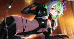 1girls absurd_res absurdres artist_name big_breasts bodysuit breasts cleavage demon_tail devil_tail female froot gloves green_eyes green_hair grey_hair high_resolution highres hips horn_piercing horns indie_virtual_youtuber kevin_tower large_breasts latex latex_clothing leotard long_sleeves looking_at_viewer multicolored_hair neck_ribbon pale-skinned_female pale_skin parted_lips puffy_sleeves revealing_clothes ribbon short_hair skindentation smile solo tail teeth thick_thighs thigh_belt thighhighs thighs twitter_username underboob virtual_youtuber vtuber wide_hips