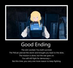 1girls bedroom_eyes blonde_hair blue_armor blue_eyes braid breastplate english_text female good_end helldivers helldivers_2 long_hair looking_at_viewer military_uniform pov seaf-chan seaf_soldier_(helldivers) single_braid smile soldier solo virgin_and_neet