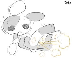 2023 ambiguous_gender animate_inanimate anthro anus artist_name ass barely_visible_anus being_held bite biting_lip bodily_fluids button_(fastener) button_eyes carrying_another disembodied_hand doll duo fart fart_cloud jubb legs_up living_doll lying on_back orange_fart_cloud rabbit_ears seam_(sewing) simple_background stitch_(sewing) sweat sweatdrop text white_background