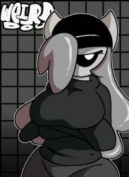 arms_crossed arms_crossed_under_breasts beanie big_breasts black_beanie breasts dexxa emo emo_girl eye_covered eyelashes fire_in_the_hole geometry_dash hair hair_covering_eye hair_covering_one_eye hair_over_eye hair_over_one_eye long_hair long_hair_female na_(geometry_dash) no_mouth pants sweater