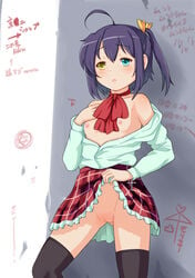 amashoku black_thighhighs blush breasts chuunibyou_demo_koi_ga_shitai! female heterochromia nipples no_panties open_clothes open_shirt plaid_skirt purple_hair pussy school_uniform shirt short_hair solo takanashi_rikka thighhighs uncensored