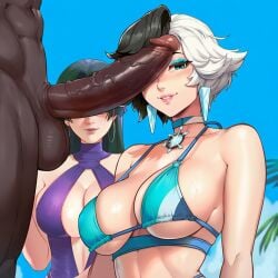 2girls ai_generated dark-skinned_male group luna_snow luna_snow_(marvel_rivals) marvel marvel_rivals psylocke psylocke_(marvel_rivals) swimsuit