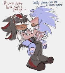 ambiguous_sex begging clothed crossdressing daddy daddy_kink ddlg dialogue dry_humping lingerie looking_at_another male/male shadow_the_hedgehog sonadow sonic_(series) sonic_the_hedgehog sonic_the_hedgehog_(series) tail_wagging text