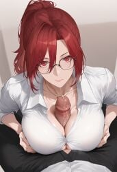 1boy 2025 ai_generated aozaki_touko breast_squeeze button_gap cleavage collarbone collared_shirt dress_shirt faceless_male female female_focus from_above glasses hair_between_eyes kara_no_kyoukai large_breasts light-skinned_female light-skinned_male looking_at_viewer necklace paizuri paizuri_under_clothes penis ponytail pov pov_eye_contact pov_male precum quaternionic red_eyes red_hair shirt sleeves_rolled_up solo_focus stable_diffusion uncensored veiny_penis white_shirt