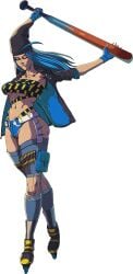 1girls aces_under_the_moonlight ass bat beanie_hat belt big_ass blue_hair body_tape booty_shorts bubble_butt bullet cassandra_(aces_under_the_moonlight) creationinferno female fingerless_gloves handcuffs hime_cut indie_game jacket leg_band long_hair official_art punk punk_female roller_skates short_shorts skimpy skimpy_clothes spiked_thighband tomboy