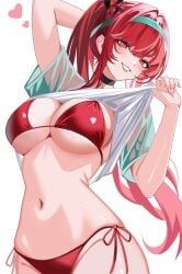 bikini black_choker blue_hairband breasts choker clothes_lift commentary english_commentary female goddess_of_victory:_nikke hairband heart highres large_breasts lifting_own_clothes long_hair navel rapi_(nikke) rapi_(red_hood)_(nikke) rapi_(red_hood)_(red_flavor)_(nikke) red_bikini red_eyes red_hair revision shirt shirt_lift simple_background smile solo stomach swimsuit velmillix very_long_hair wet wet_clothes wet_shirt white_background white_shirt