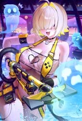 1girls :d absurdres ahoge black_choker blonde_hair breasts choker cleavage cleavage_cutout clothing_cutout collarbone elegg_(boom_and_shock)_(nikke) elegg_(nikke) female fymrie ghost gloves goddess_of_victory:_nikke hair_intakes heart_cutout highres large_breasts night night_sky open_mouth pool purple_eyes short_hair single_glove sky slingshot_swimsuit smile swimsuit vacuum_cleaner water wet yellow_slingshot_swimsuit