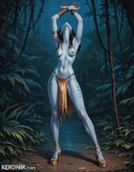 1futa 1futanari ai_generated anklet armlet armpits arms_up avatar avatar:_the_way_of_water blue_body blue_skin bulge bulge_through_clothing colored_skin dickgirl dreadlocks futanari hands_up head_back high_heels kexonik loincloth long_legs na'vi narrow_waist neytiri pin-up platform_heels posing raining sagging_breasts skinny small_breasts standing tall wide_hips yellow_eyes