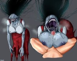 1boy 1boy1girl 1girls 2022 black_hair blowjob blue_areola blue_skin boobjob boobs_bang breast_sex eyeless eyeless_female fellatio gaping_maw gaping_mouth ghost ghost_girl ghostwire:_tokyo hikinks horror horror_(theme) horror_game lamentation_(ghostwire:_tokyo) large_mouth light-skinned light-skinned_male light_skin long_hair messy messy_hair oral oral_sex paizufella paizuri paizuri_fellatio pale-skinned_female purple_gums saliva saliva_on_penis sharp_nails sharp_teeth titjob tongue tongue_out