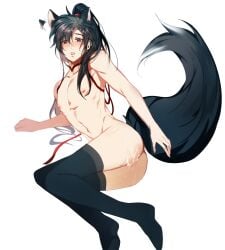 1boy after_sex afterimage ahoge animal_ears ass black_eyes black_hair black_shoes black_thighhighs blush choker collarbone crying crying_with_eyes_open cum cum_in_ass cum_on_ass cum_on_body cum_on_male ear_wiggle fox_boy fox_ears fox_tail full_body hair_between_eyes hair_ribbon high_ponytail highres jujeop kemonomimi_mode long_hair looking_at_viewer lying male_focus modao_zushi navel nipples nude on_side open_mouth pectorals ponytail red_choker red_ribbon ribbon ribbon_choker shoes sidelocks simple_background solo sweat tail tears thighhighs toned toned_male trap wei_wuxian wet wet_hair white_background