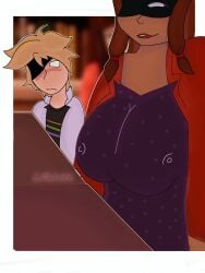 adrien_agreste blonde_hair blush breasts brown_hair clothed_female clothing green_eyes ibispaintx lila_rossi littlelilith male/female miraculous_ladybug smile smiling