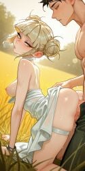 1boy 1girls ai_generated all_fours anal anal_sex blonde_hair blunt_bangs boku_no_hero_academia choker cum cum_in_ass cum_inside doggy_style dress_down exposed_ass exposed_breasts fucked_from_behind hair_bun himiko_toga large_penis leg_strap lifted_dress meadow medium_breasts my_little_pony nipples outdoors perfect_ass perfect_body redneck sex sexy side_view skinny sundress veiny_penis yellow_eyes